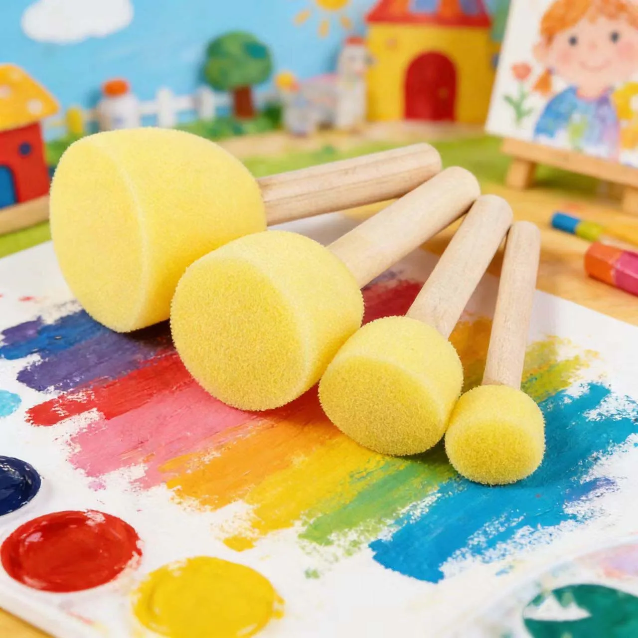 5Pcs Sponge Foam Paint Brush Set Wooden Handle For Oil Stain Craft Art Painting Brushes School DIY Project Tool