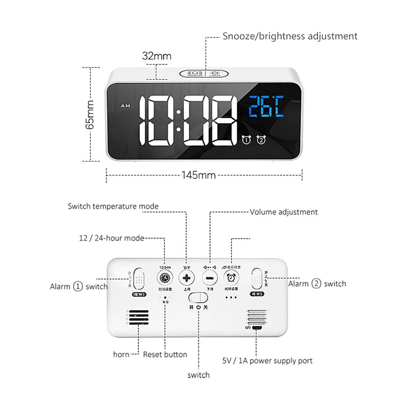 Music Alarm Clock Voice Control Touch Snooze USB Rechargeable Table Clock 12/24H Dual Alarms Teperature Wall Digital Clocks