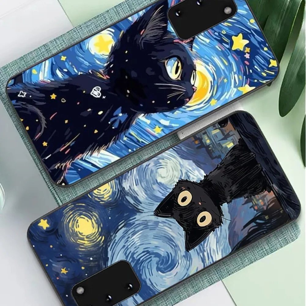 

Artistic Black Cat Starry Night phone case For Samsung S 9 10 20 21 22 23 30 23 24 Plus Lite Ultra FE S10lite Fundas