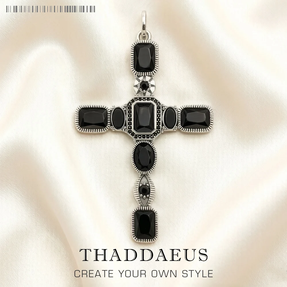 Cross Black Stone Pendant,Brand New 925 Sterling Silver Vintage Jewelry Accessories Graceful Faith Gift For Woman