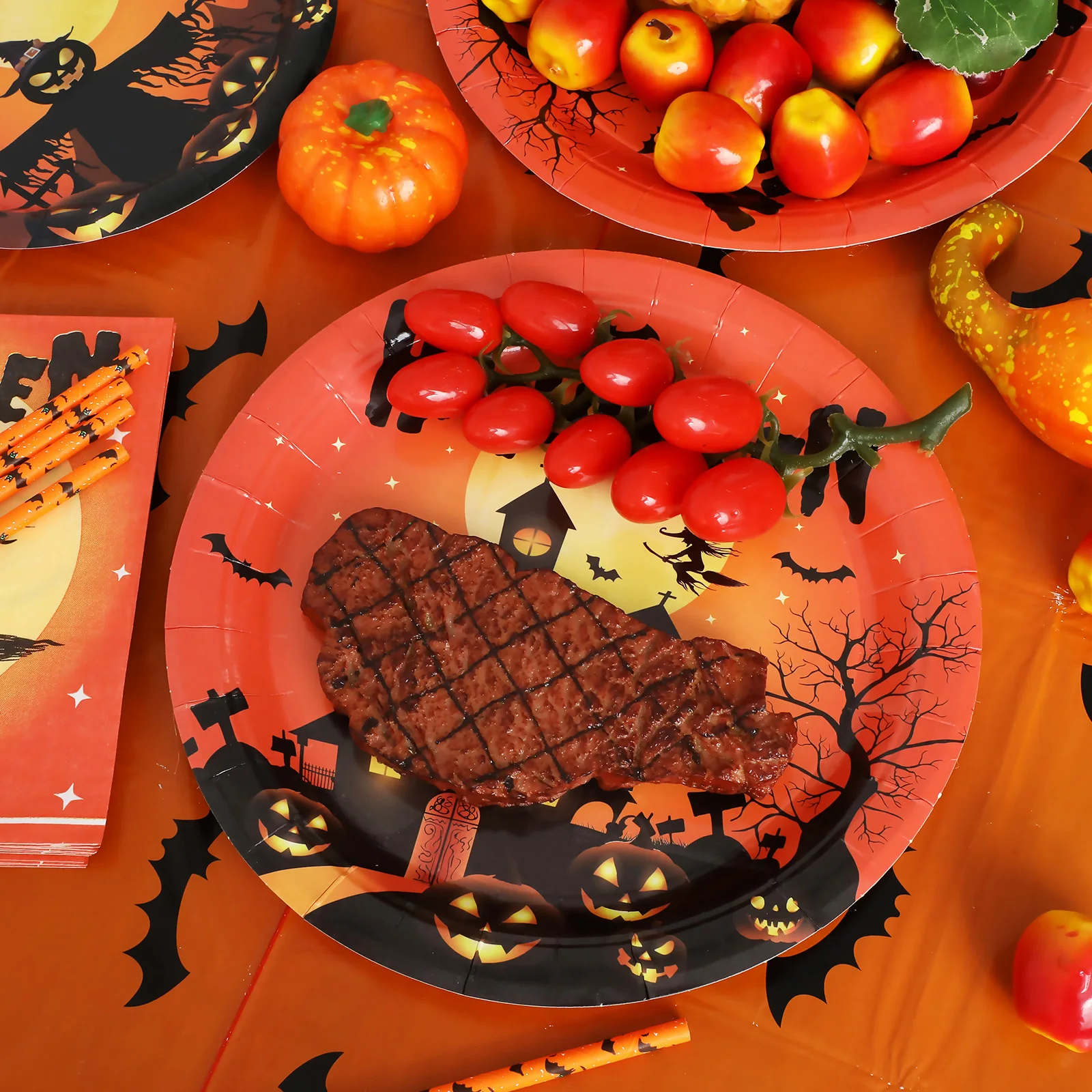 

1 set 1 Set Halloween Party Supplies Decorations Kit Plastic Plates Cups Napkins Banners Tableware For Home School Office Use