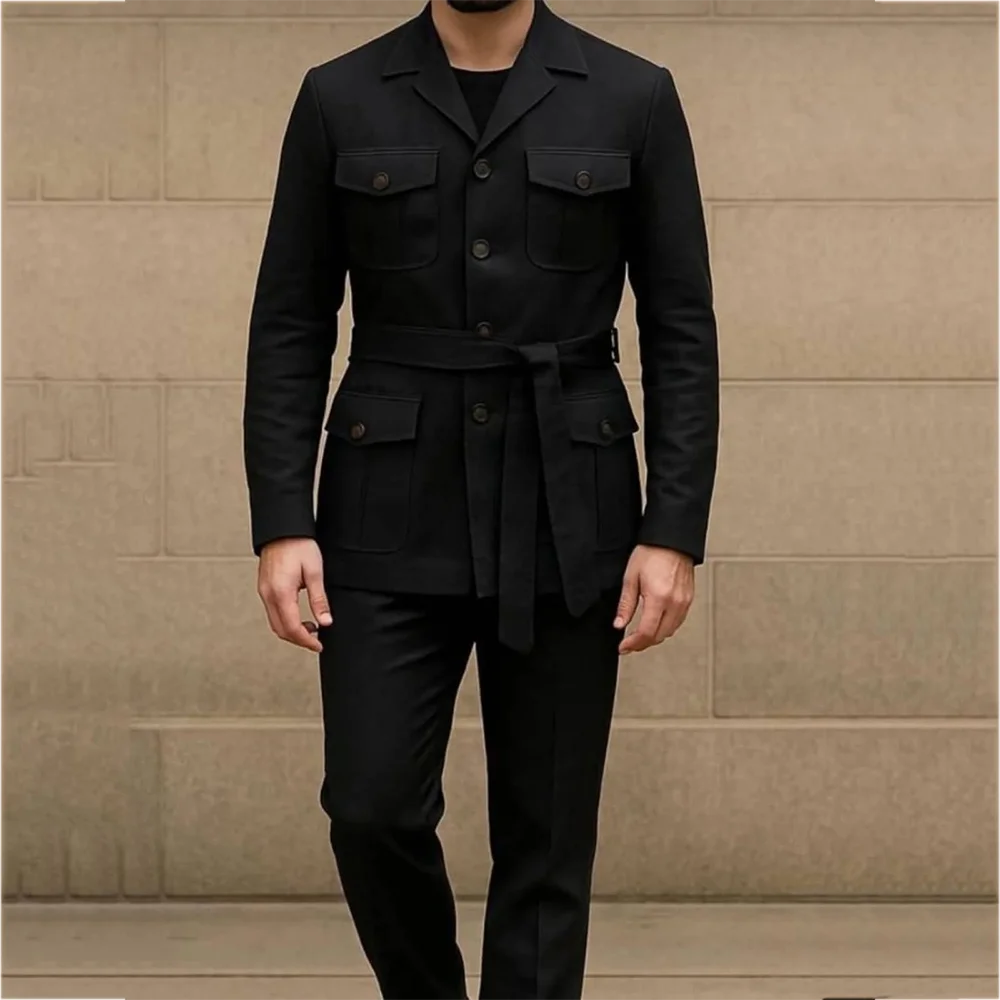 Men's Black Safari Suit 2 Pieces Belted Multi Pocket Single Breasted Jacket Slim Fit Trousers Modern Casual Daily Outfit