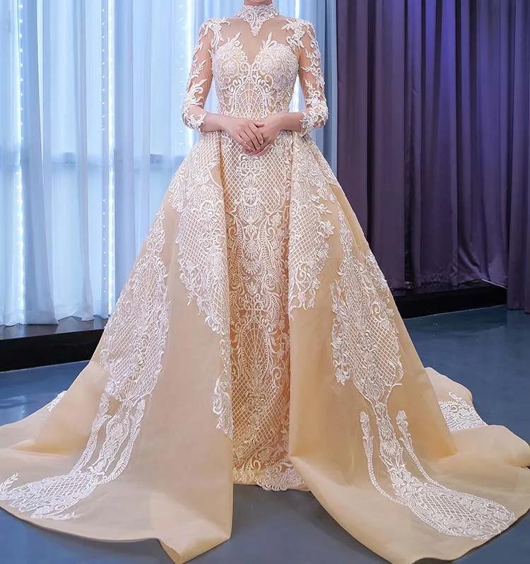 แชมเปญ Gaun Pengantin Muslimah Mermaid แขนยาว Tulle Appliques ดูไบคำที่ถอดออกได้ชุดเจ้าสาวชุดเจ้าสาว