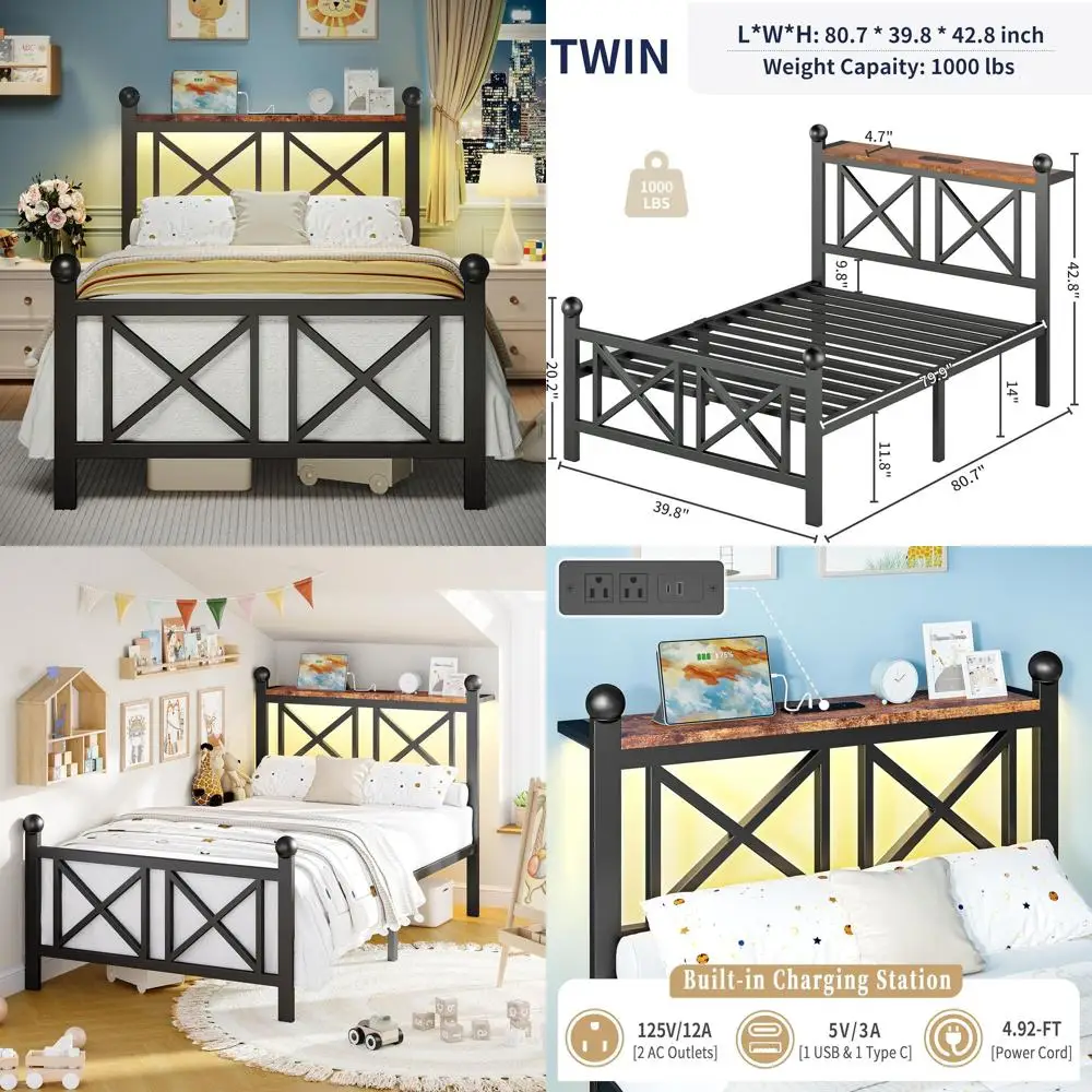 

Прочная металлическая двуспальная кровать со светодиодной подсветкой, изголовьем, изножьем, полкой для хранения, зарядной станцией, коробчатой пружиной не требуется, Easy Asse