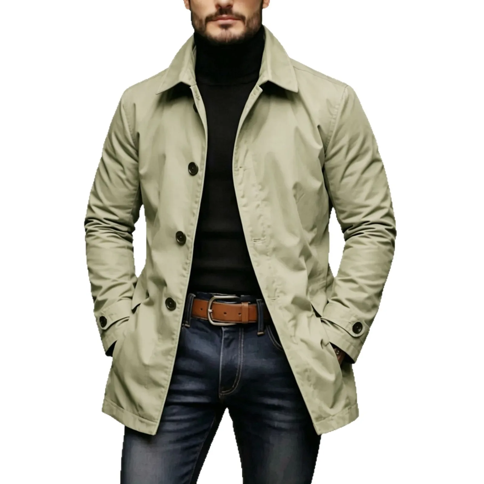 Casual Long Sleeve Coat Loose Fit Mature Casual Regular Length Multiple Pockets Patch Pocket with Topstitching Men Jacket