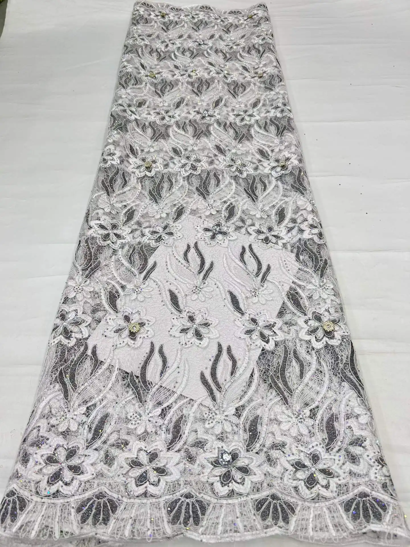 2026 High Quality African Nigerian Embroidery Tulle Cotton Lace Fabric Wedding Party Golden Dress Damask Stones 5Yard
