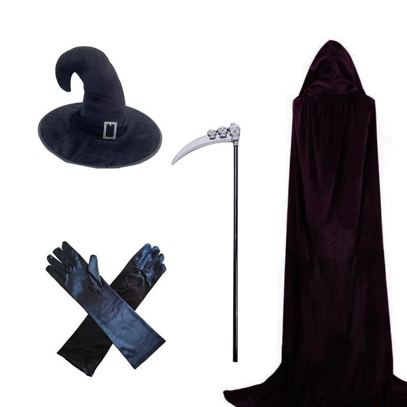 Hooded Velvet Cloak Hat Gloves Sickle Props Women Halloween Witch Cosplay Costume Full Set Demon Stage Performance Clothes Suit