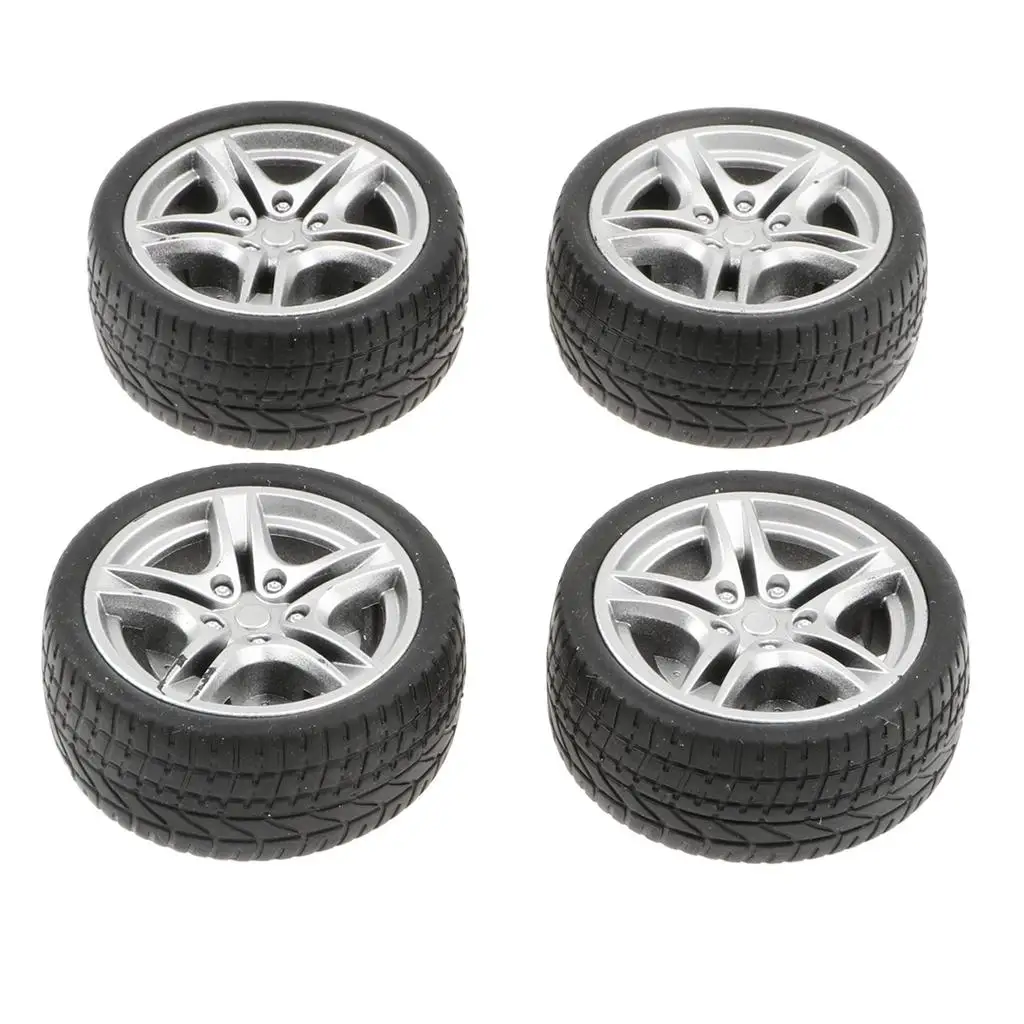 4pcs 1: 10 Drift Car Racing Car 5 Spoke Black Wheel Rims & Rubber Tires 48mm Diecast Playset Accessories