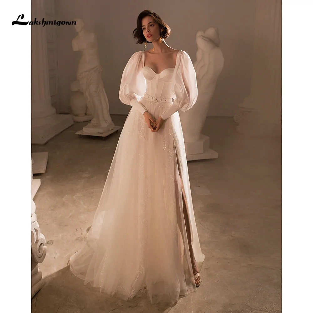 

Lakshmigown Sexy Split Sweetheart Collar Corset Long Puff Sleeve Lace Tulle A Line Wedding Dress 2025 Bride Gown vestido de novi