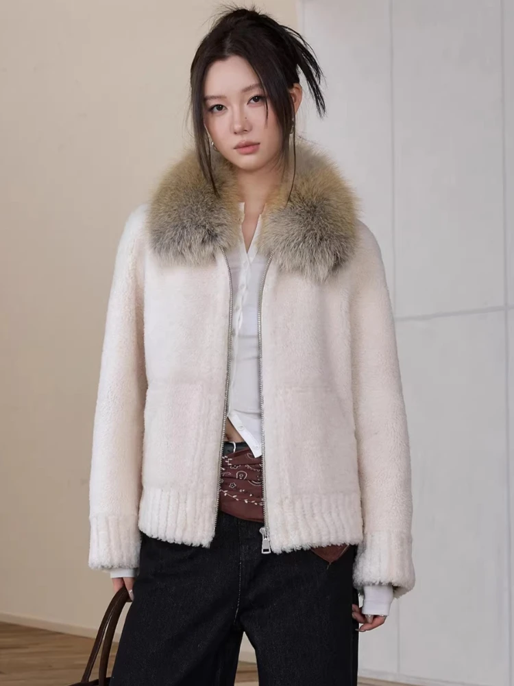 

High-end Luxury Merino Sheep Fur Lambswool Jacket for Women 2026 New Simple Natural Fox Fur Collar Genuine Leather Real Fur Coat