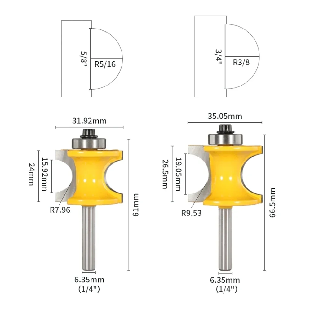 6mm 6.35mm 8mm 12mm 12.7mm Shank Bullnose Half Round Bit Set with Bearing, Woodworking Milling Cutter for Wood Bit Face Mill