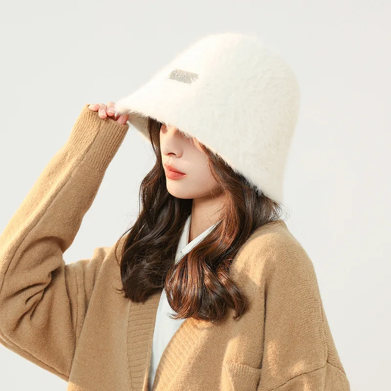 Japanese Versatile Light Board Imitation Rabbit Hair Bucket Fisherman Hat   Face Covering Warm and Cold Solid Color Basin Hat