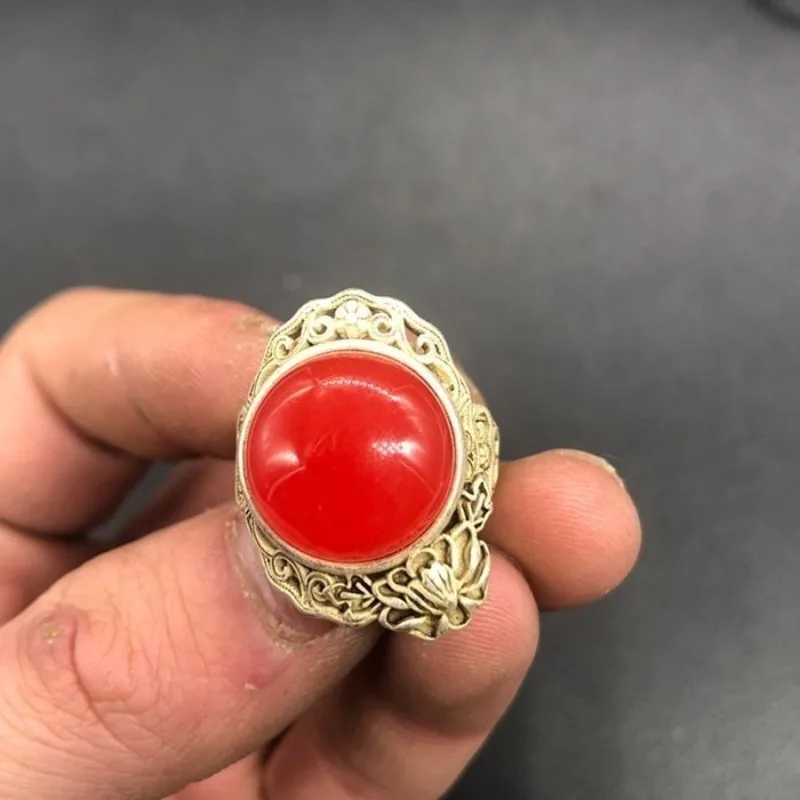 Vintage Tibetan Silver Hand Carved Flower Ring, Copper Plated Silver Inlaid Ruby & Emerald Adjustable Open Ring