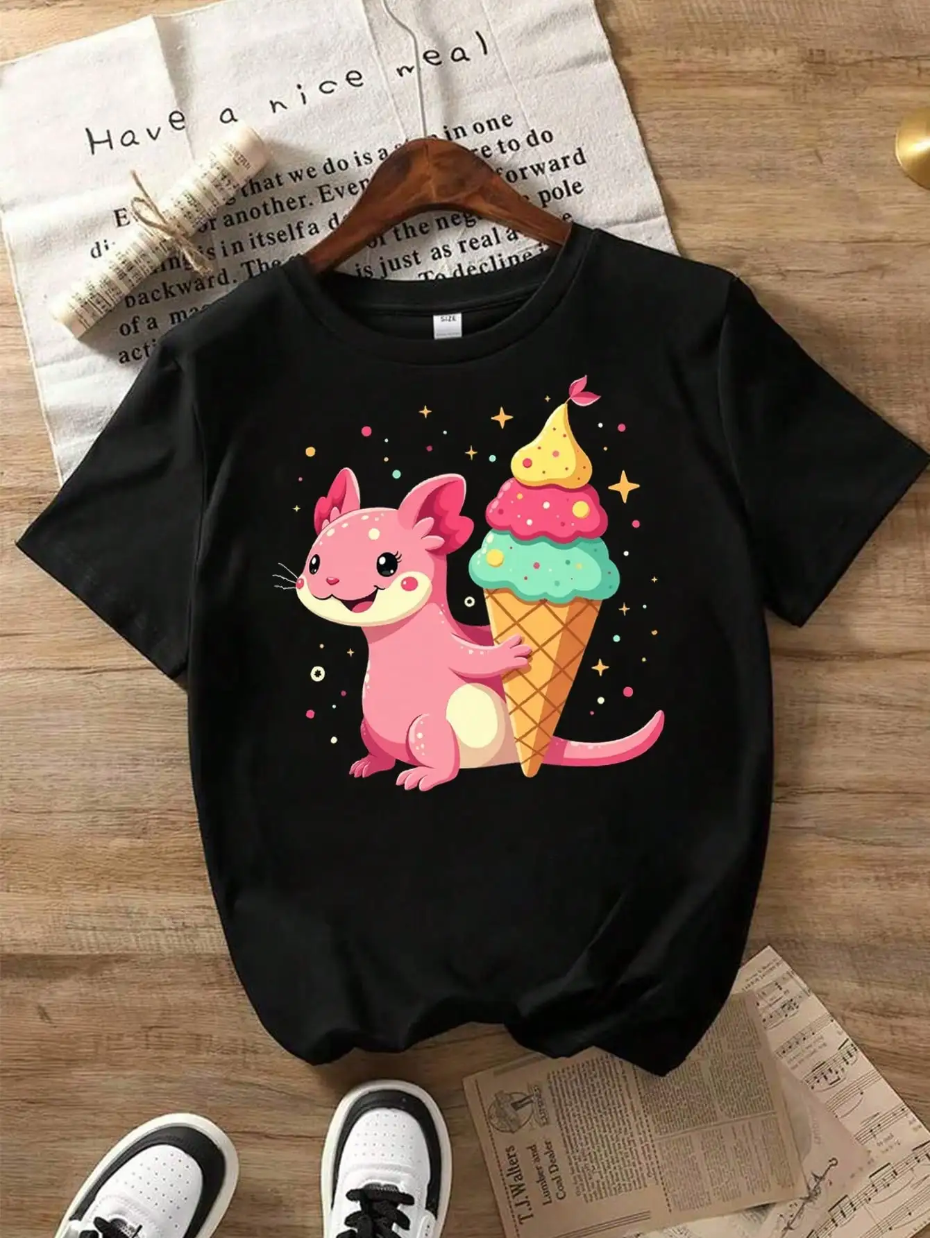 

Cartoon Fantasy Cotton T-Shirt, Black Tee With Mouse And Ice Cream Cone, Whimsical Summer Tops
