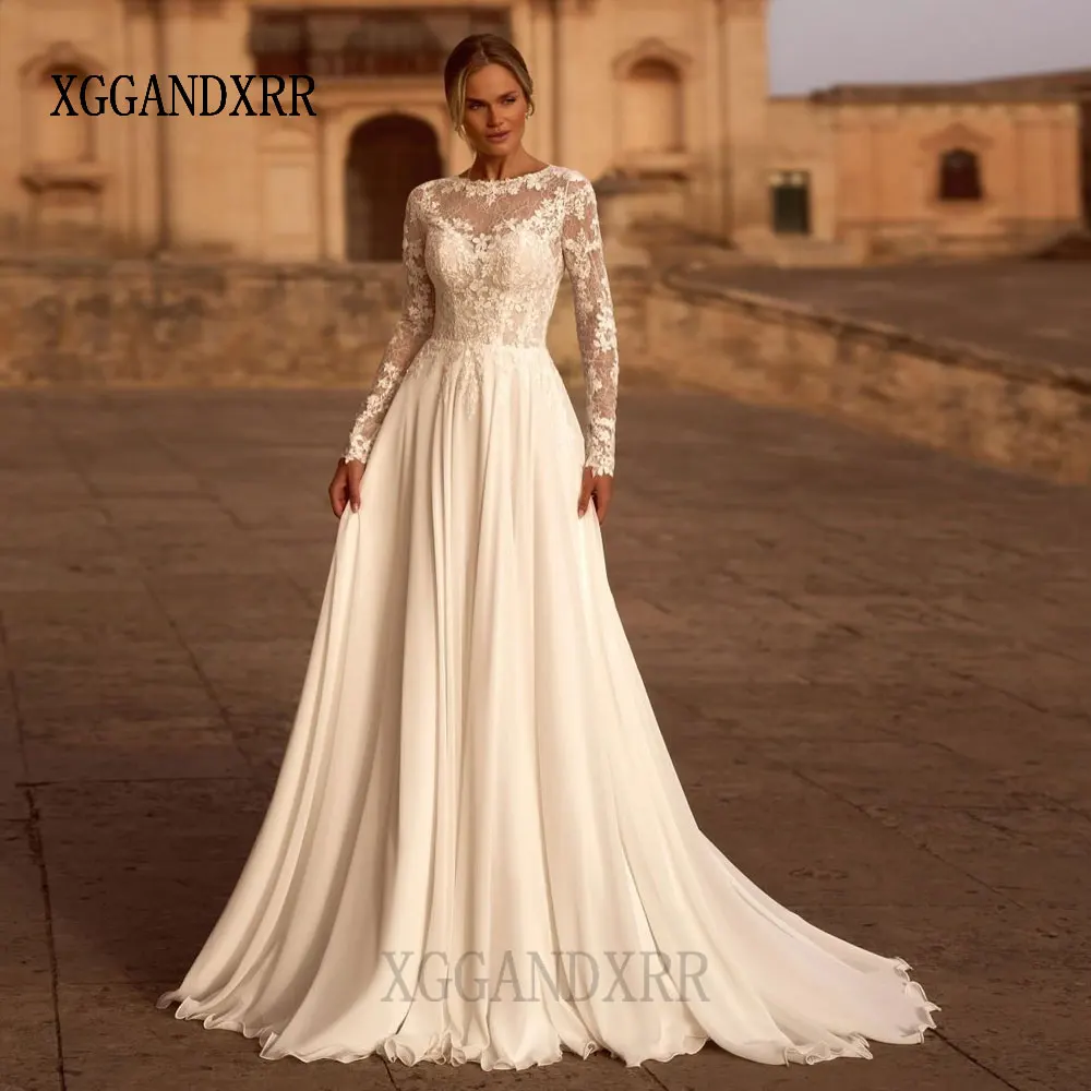 فستان زفاف شيفون بأكمام طويلة مخصص 2026 فستان زفاف برقبة دائرية مزين بالدانتيل سويب تراين امرأة العروس ملابس رسمية بيضاء