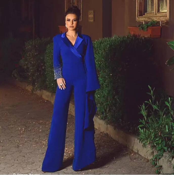 Royal Blue Mother of the Bride Pant Suits Peaked Lapel Long Sleeve Jumpsuits Beaded Evening Gowns Plus Size Wedding Guest Dresse