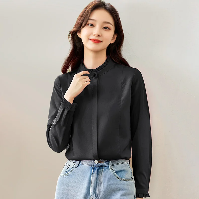 New Spring Autumn Casual Women'S Long Sleeve Commuting Easy Shirt Fashionable Versatile Unique  Edge Stand Up Collar Chiffon Top