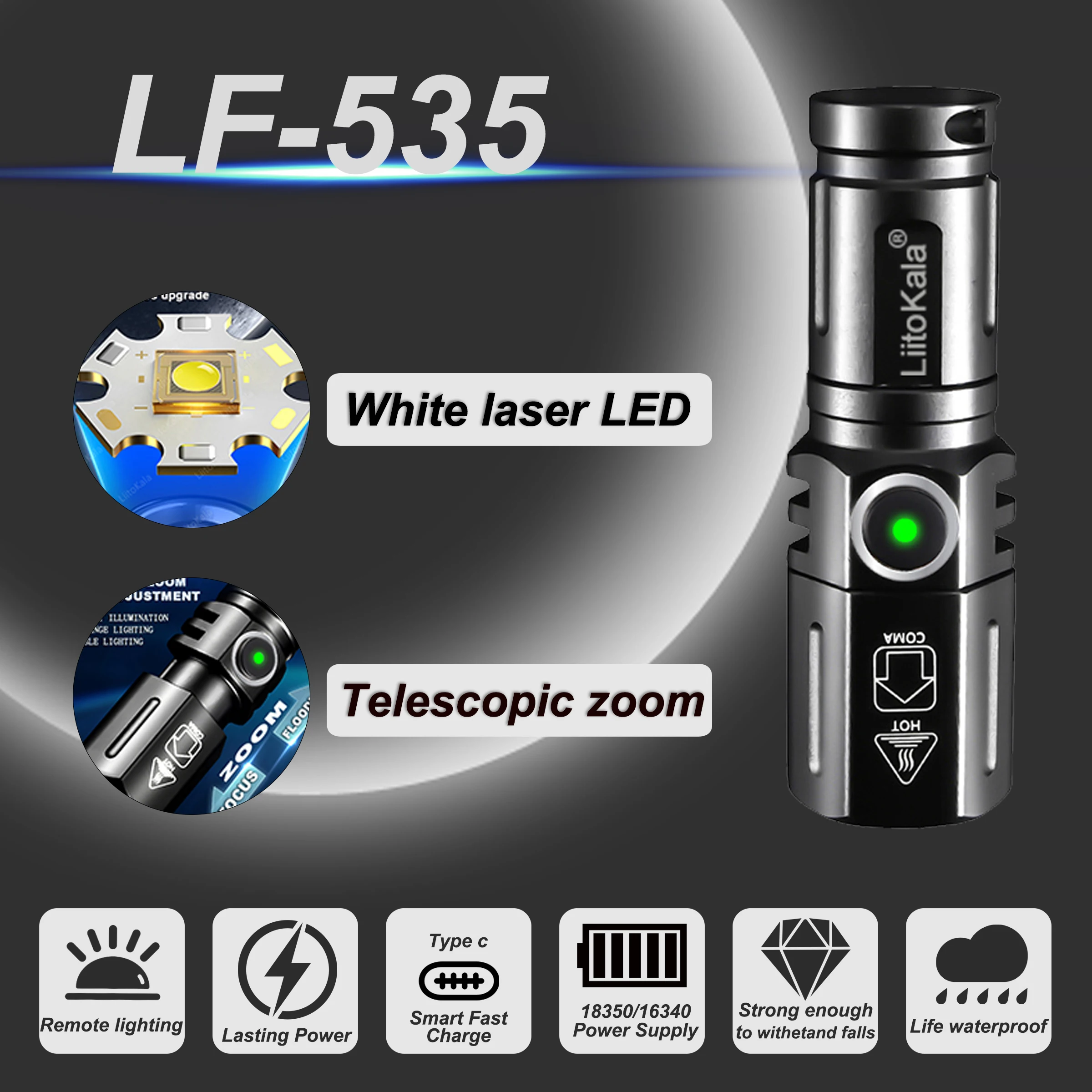 LiitoKala LF-535 Multi-Function Portable Flashlight Carry-On Compact LED Light with SOS Mode for Emergency Use