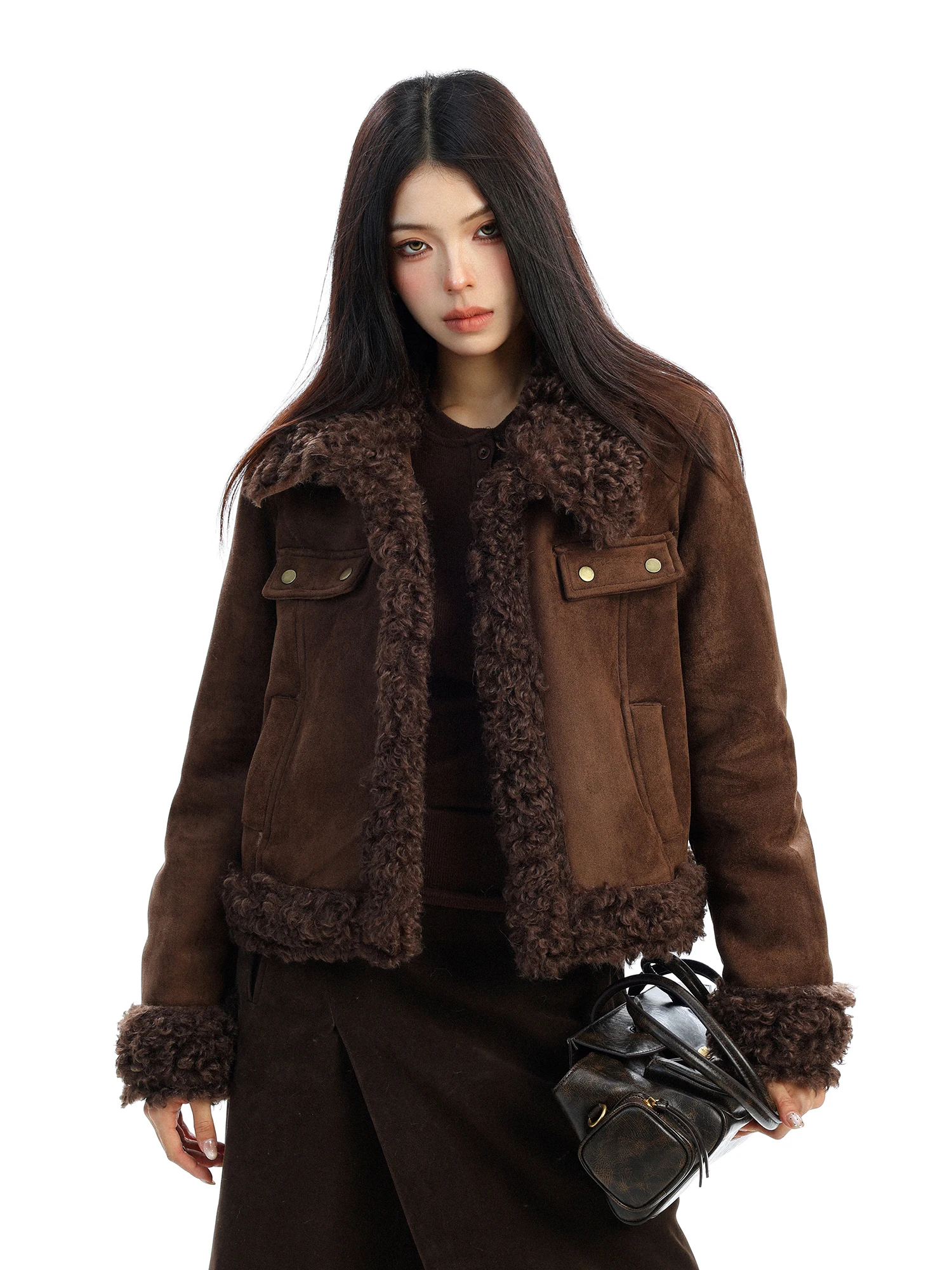 

Women's ort Thiened Cotton Jaet Lamb Fur Splicing Suede Winter Warm Outerwear Vintage Sle Straight Cut Long Sve