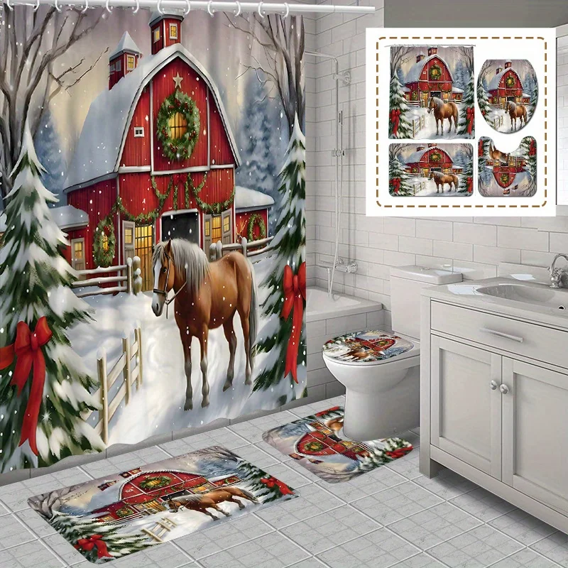 Festive Christmas Barn Shower Curtain Set with 12 Hooks: Waterproof Toilet Seat Cover, Bathroom Mat, And Non-Slip Rug - Polyeste