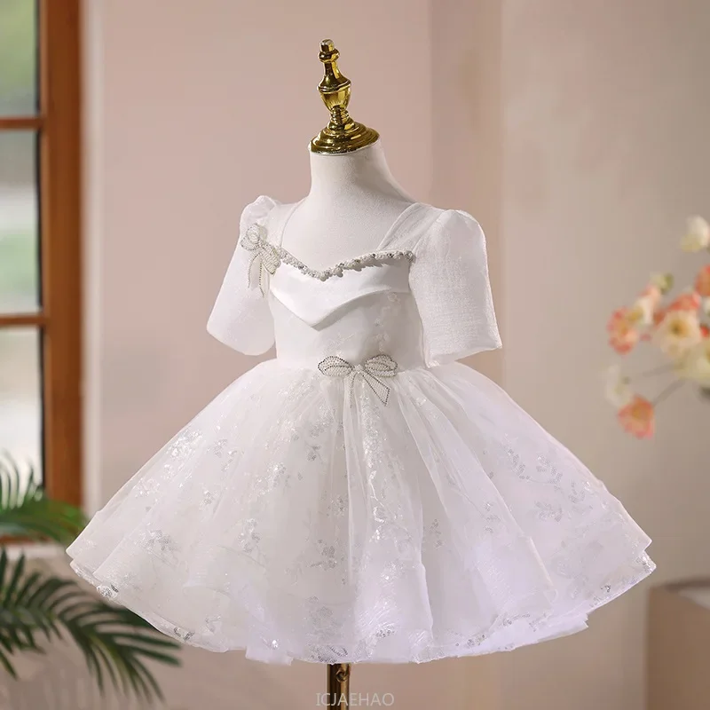 

2025 Flower Girl Wedding Dress White Princess Puffy Gown ChildrenHostess Pageant Outfits Birthday Party Piano Performance
