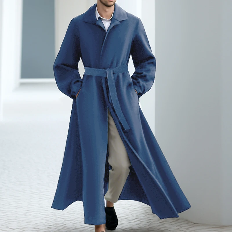 

INCERUN мужской плащ сплошной цвет с лацканами и длинными рукавами мужские длинные стильные пальто с поясом уличная одежда свободная модная ветровка верхняя одежда