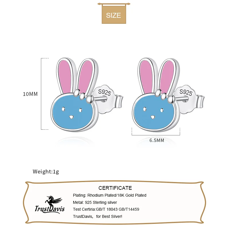 TrustDavis Real 925 Sterling Silver Cute Glaze Animal Rabbit Charm Stud Earrings For Daughter Girls Birthday Gift Jewelry DK024