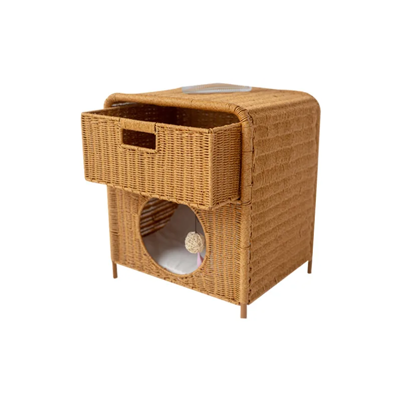 pp Rattan Woven Bedside Table Cat Nest Semi Enclosed Double Layered Cat House Four Seasons Hand Woven Pet Bed