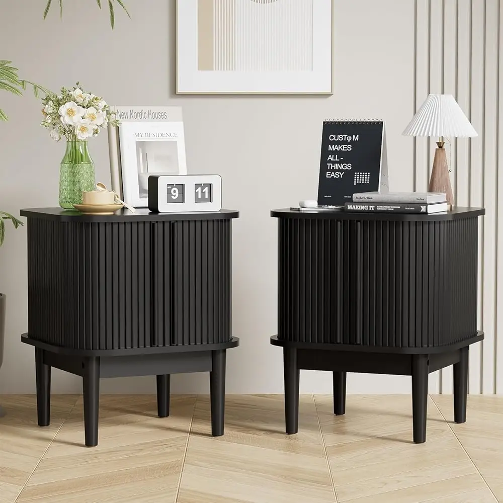 

Sliding Door Tambour Nightstand Set Of 2, Bla Storage End Table With Curved Edge Design, Small Bedside Table Compact Sofa Side