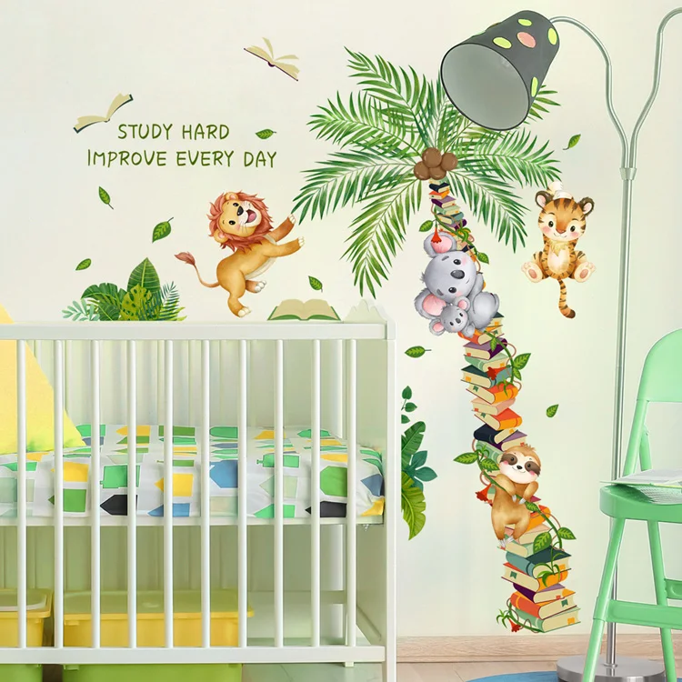 Cartoon-Tiere, Kokospalmen-Wandaufkleber, Kinderzimmer-Hintergrunddekoration, Wandbild, selbstklebende Aufkleber für das Babyzimmer, Heimdekoration. – Detail 4