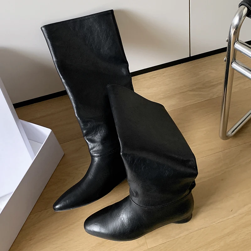 2024 Winter Women Boots Round Toe Knee-high Boots Western Modern Long Boots Women Shoes Ladies Shoes Retro Pleated Shoes