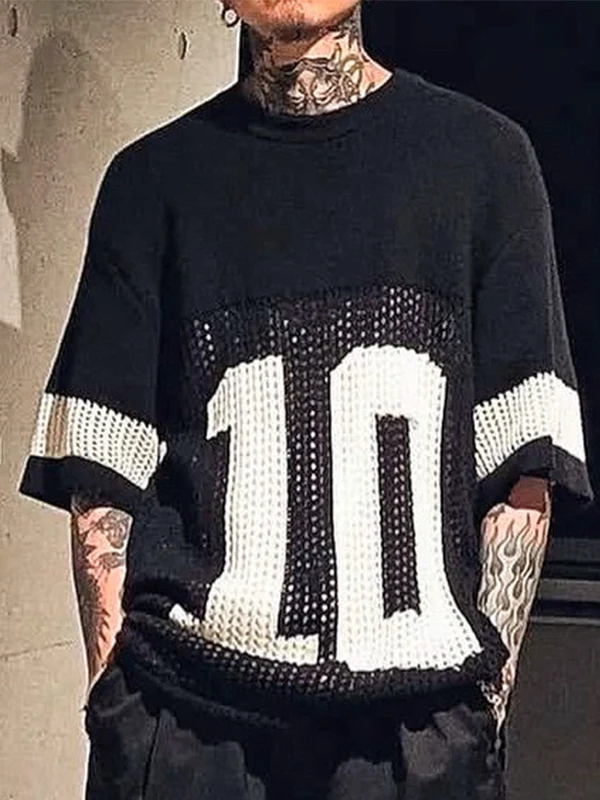 Ask Yourself Eastern God Rise Hollow Mosaic American Knitting Short Sleeve Trendy T-Shirt Cotton Loose Fit Breathable Skin-Fr...