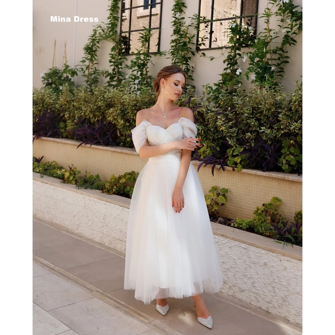 

Mina Customized White Formal & Evening Gowns Dropped Shoulders Elegant Party Dresses for Special Occasions Pearl Backless Dress
