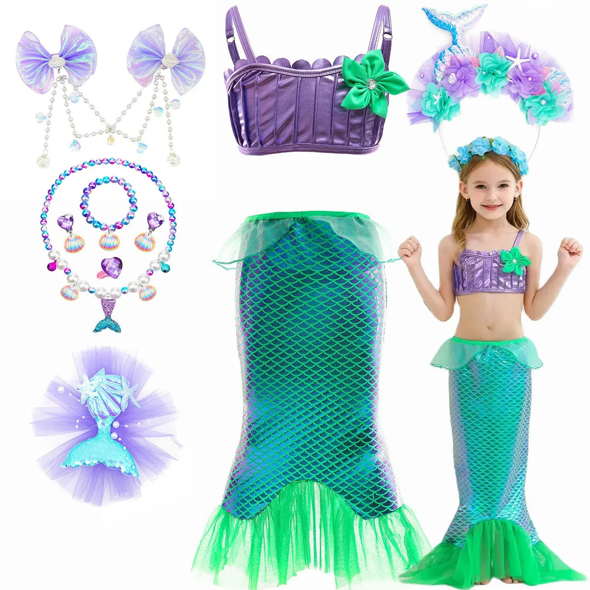 Disney Summer Little Mermaid Princess Dress Green Sling Two Piece Set Dress for Girl Ariel Cosplay Costume Girls Carnival Cloth