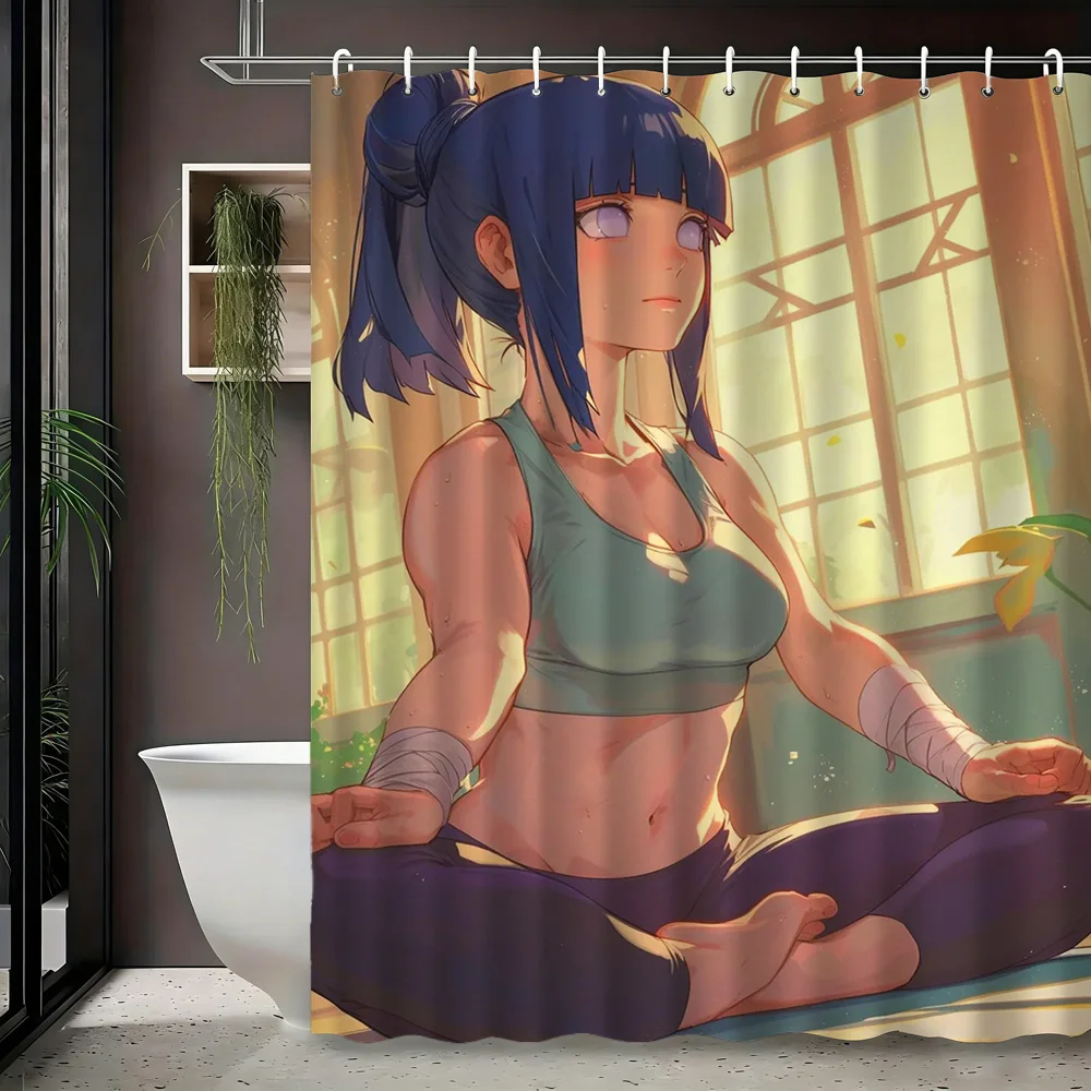 2D Flat Naruto Anime Hinata Hyuga Byakugan Meditation Pose Print Waterproof Shower Curtain for Bathroom Decor