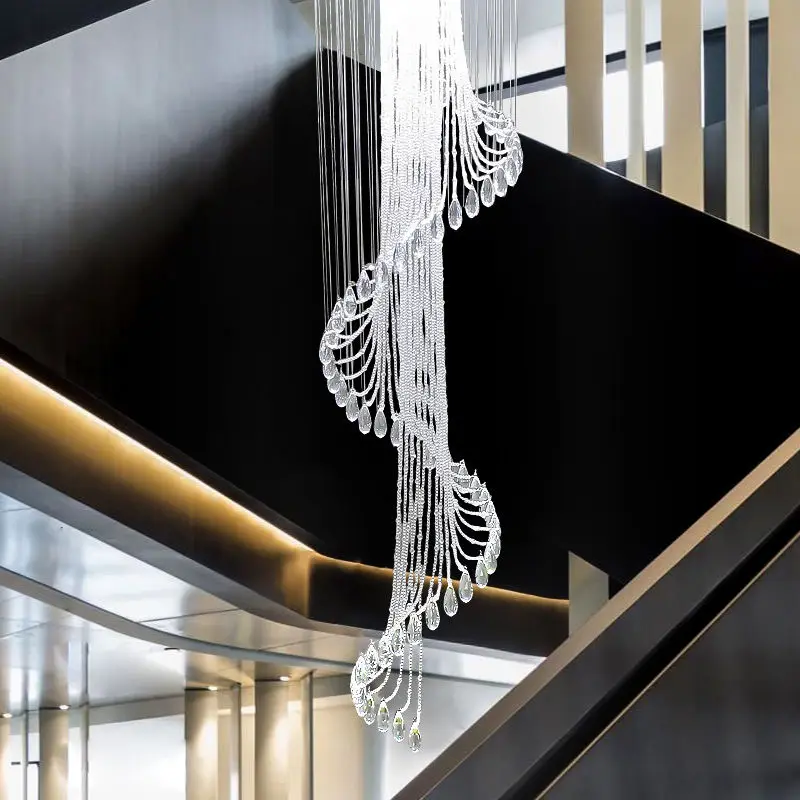 Duplex Building Led Crystal Spiral Pendant Lamp Rotating for Living Room Long Pendant Lamp Villa High End Crystal Staircase Lamp