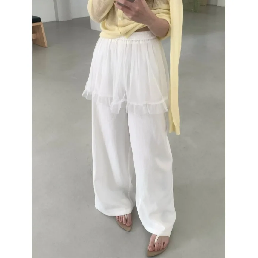 

High Waist Wide Leg Pants Women's Chic Summer Design Lace Trim Splice Fake Two-Piece Casual Pants Korean Style Spring Autumn