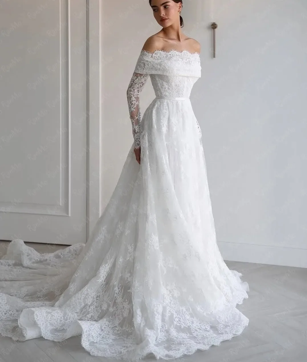 Squisito abito da sposa in pizzo a-line 2026 con spalle scoperte manica lunga backless sposa abiti da sposa nuovi abiti da noiva