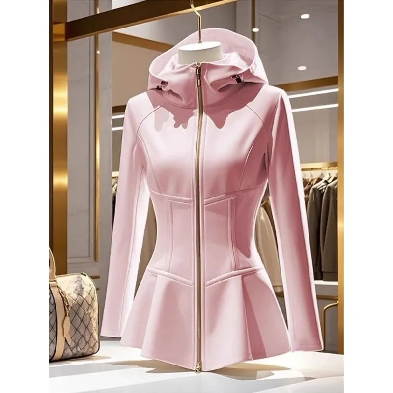 Women's Clothing Spring Coat New Hooded Short Tops Sweatshirts Jackets High-end Unique Cute Pink Sports Coat Long-sleeved Top