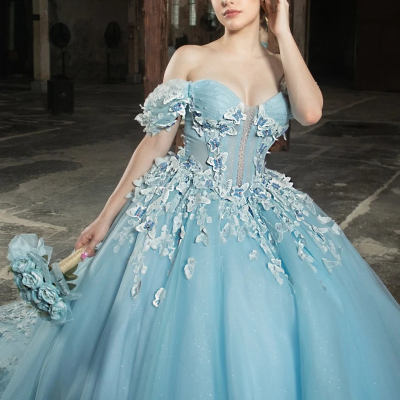 

Customized Shiny sky blue Quinceanera Dresses Off the Shoulder sequin butterfly applique Long tail Vestido 15 Quinceanera