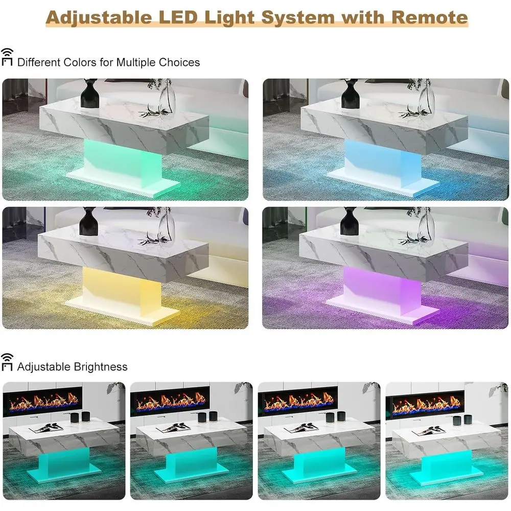 Modern Rectangular LED Coffee Table with 16 Color Options for Living & Dining Rooms, White Marble Top