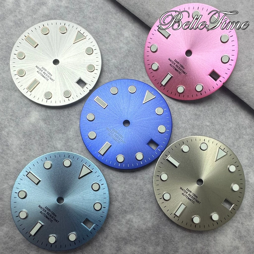28.5mm Dial Watch Silver Gold Red Green Black Blue Grey Date Window Luminous  Dial Fit NH35 /NH36/4R/7S Automatic Movement