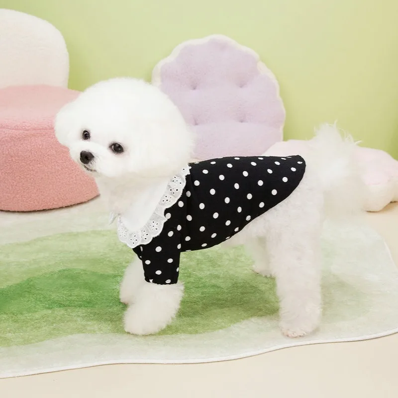 강아지 물방울 무늬 라펠 레이스 조끼, 봄 여름 만화 풀 프린트 티셔츠, 테디 소형견 반려동물 티셔츠, 두 다리 옷