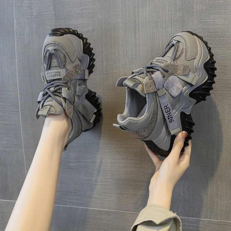 8CM Women's Thick Bottom Bling Dad Shoes 2026 Autumn Winter Genuine Leather Chunky Sneakers Anti-Slip Sole Casual Sports Shoes