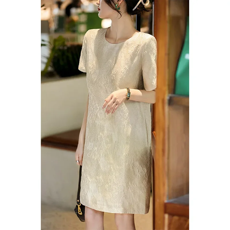 Light Luxury 3D Embossed&Gold Thread Jacquard Silk Dress 2024 Summer New Women's Mulberry Silk Dress Elegant A-line Dress