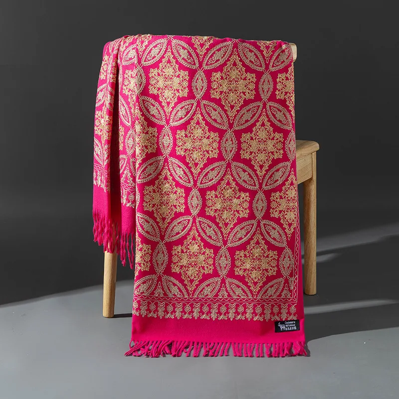 

Женский зимний шарф с вышивкой золотого и лилии, универсальный длинный стильный толстый зимний шарф из искусственного кашемира, шарф двойного назначения