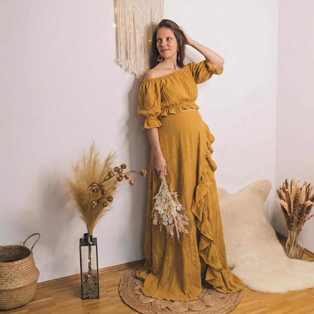 Boho Maternity Dress Side Split Ruffle Linen Pregnancy Dress Baby Shower Photoshoot Outfit Vintage Comfortable Maxi Dress