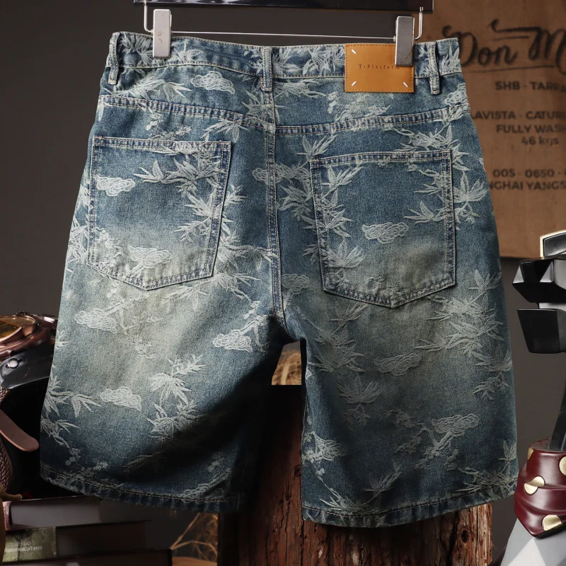 2025年夏トレンドブランド高級ウォッシュドジャカードデニムショーツ メンズ、ルーズストレートレッグペンタグラムショーツ