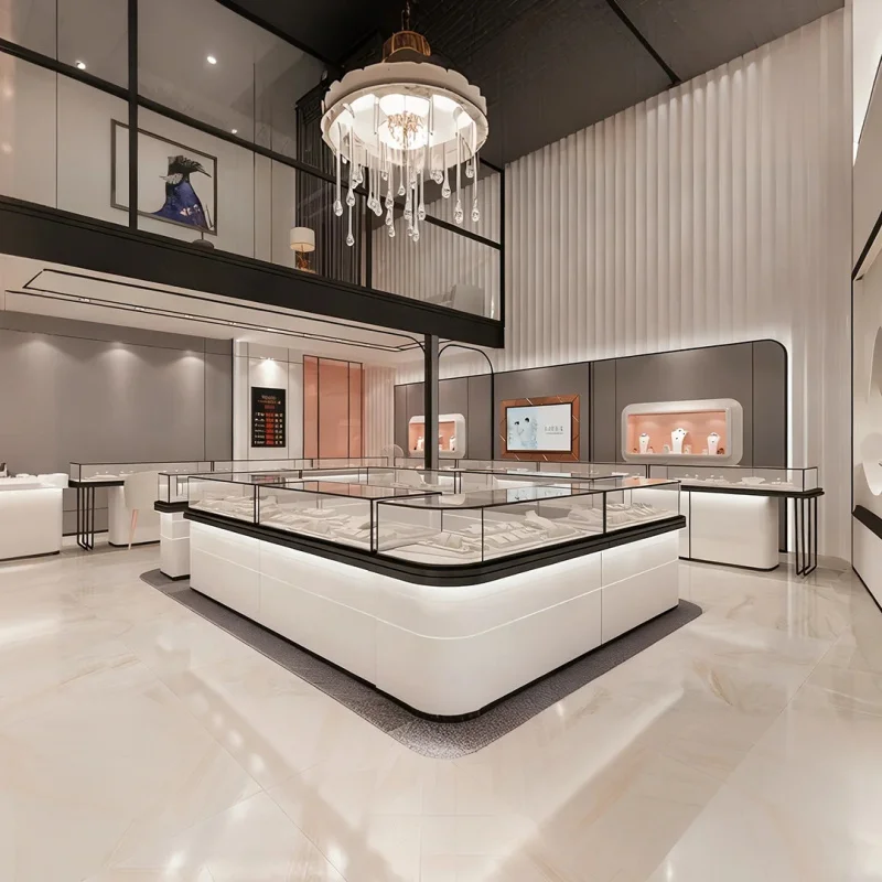 custom.High-End Jewelry Display Cabinet - Custom Tempered Glass with LED Lighting Luxury Retail Store Design.