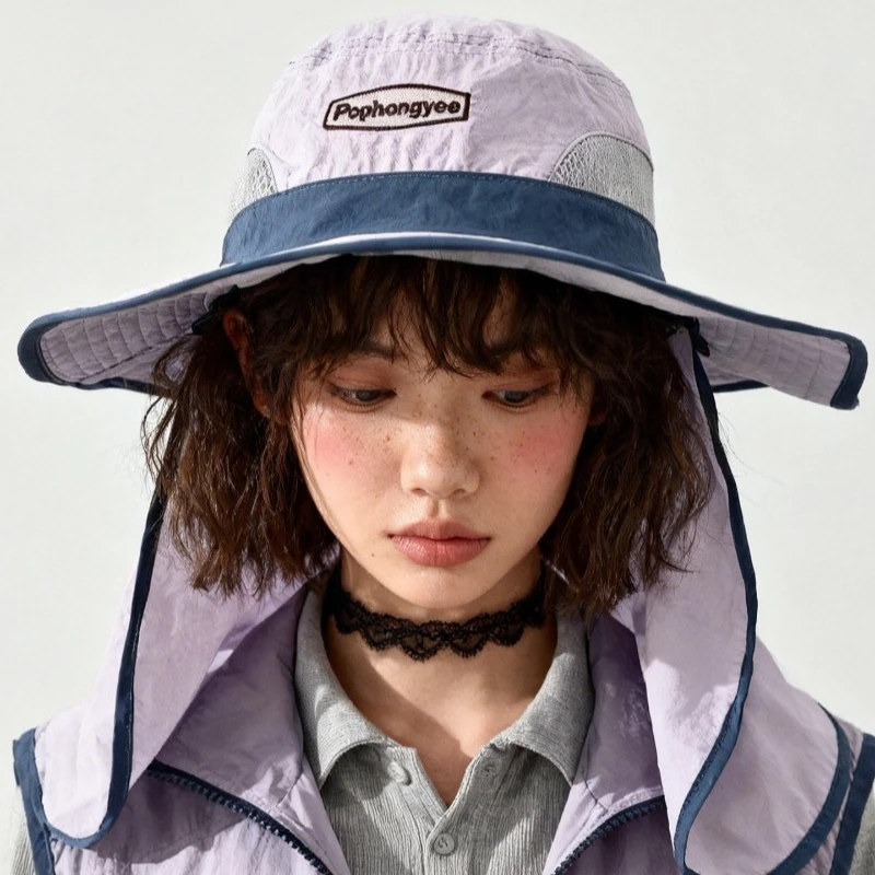 Japanese Embroidered Letters Quick-dry Bucket Hat for Men and Women Summer Large Brim Neck Guard Integrated Sunshade Hiking Caps